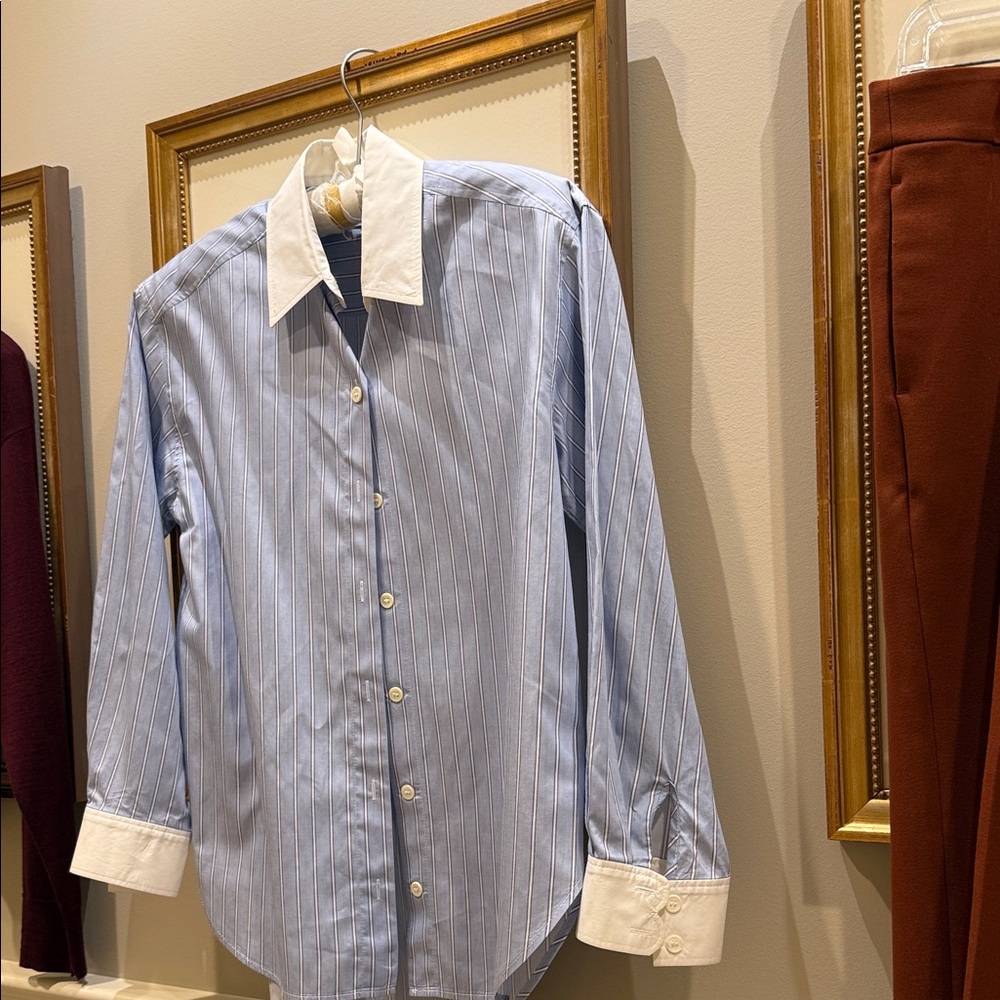Sandro Light Blue Pinstripe Button-Up Shirt with White Collar - Picture 6 of 6